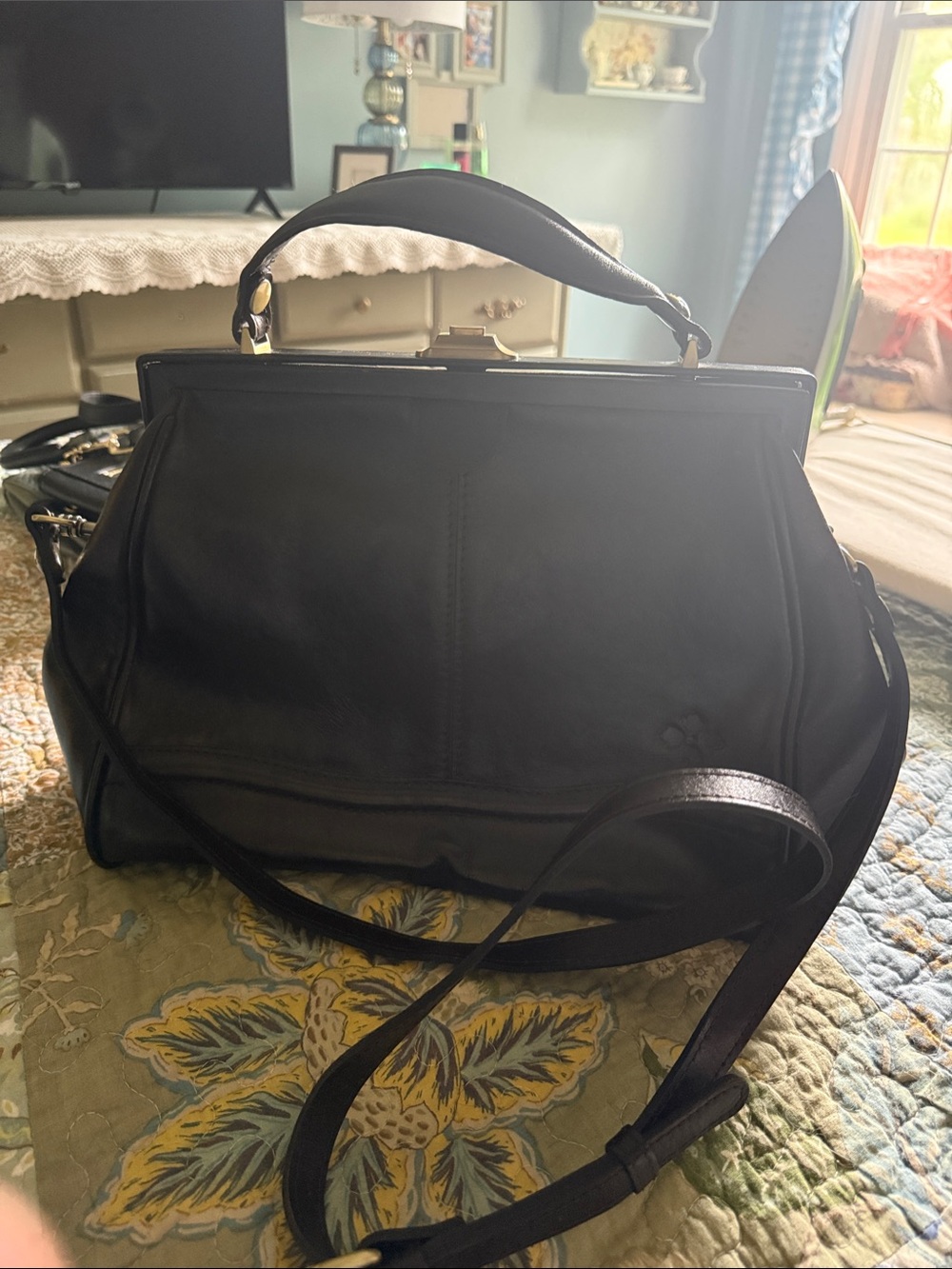 Patricia Nash Classic Black Leather Top-Handle Satchel with Detachable Strap